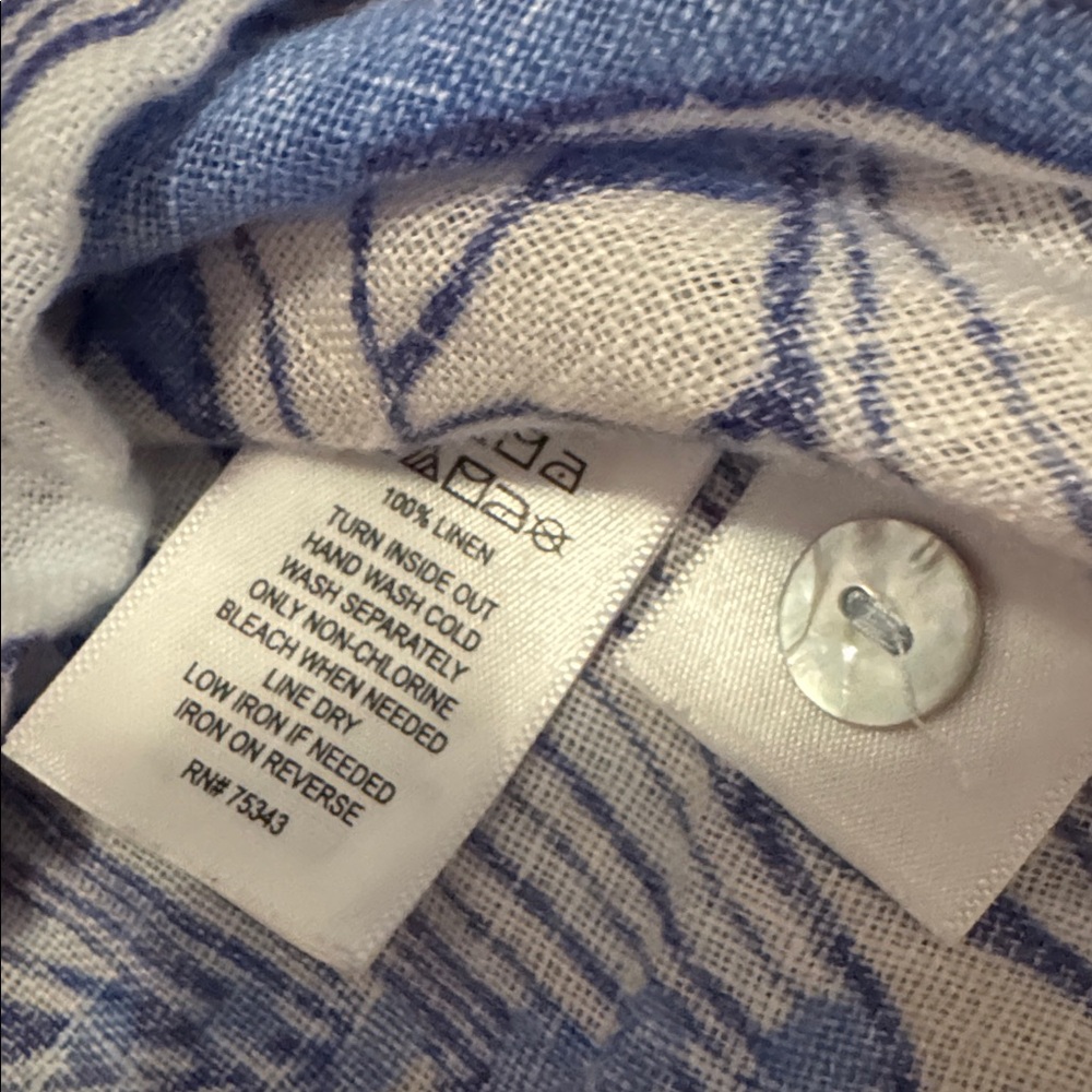 Halston 100% Linen Blue Floral Button Front Blouse Women’s Medium - Picture 3 of 4